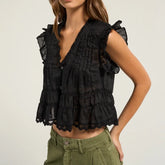 Cyflymder Women's Ruffle V Neck Babydoll Tank Top, Semi Sheer Lace Flowy Peplum Top, Boho Eyelet Button Down Crop Shirt Summer