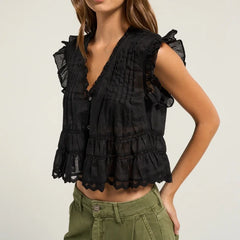 Cyflymder Women's Ruffle V Neck Babydoll Tank Top, Semi Sheer Lace Flowy Peplum Top, Boho Eyelet Button Down Crop Shirt Summer