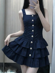 Cyflymder Navy Blue Sweet Ruffle Mini Dress Women New Vintage Sleeveless Slim Fit A-Line Summer Dresses Pure Desire Y2k Party Outfits
