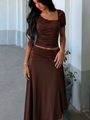 Cyflymder Knit Cropped Top Maxi Skirt Two Piece Set Short Sleeve V Neck Ruched Drawstring Stretchy Daily Solid Color Brown Set