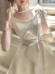 Cyflymder New French Elegant Sweet Style Vintage Dress Women Design Sense Pearl Bow Short Sleeve Dresses Aesthetic Fashion Party Clothing