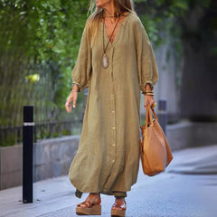 Cyflymder Summer Woman Dress White Elegant Women's Patchwork Long Sleeve Irregular Hem Maxi Dress V Neck Loose Fit Linen Look Casual Dress