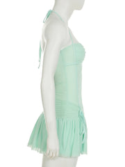 Cyflymder Beach Style Bandage A-Line Pleated Dress Holiday See Through Solid Slash Neck Sleeveless Mini Dresses For Women 2025