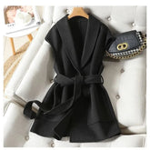 Cyflymder Autumn and Winter New Woolen Vest Women's Mid to Long Style Green Fruit Collar Large Pocket Belt Stylish and Slimming Vest