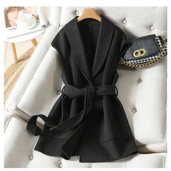 Cyflymder Autumn and Winter New Woolen Vest Women's Mid to Long Style Green Fruit Collar Large Pocket Belt Stylish and Slimming Vest