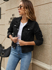 Cyflymder Women's Solid Color Denim Jacket Casual Long Sleeve Button Down Chest Pocket Jean Jacket Autumn Streetwear