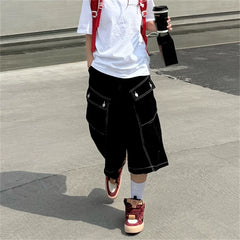 Cyflymder Summer Women's Big Pocket Wide Leg Cropped Black Pants Cool Girl Calf-length Trousers Female High Waist Loose Retro Capris Pant