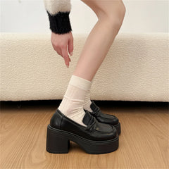 Cyflymder Gothic Black Platform Loafers Women Round Toe Slip‑On 8CM High Chunky Block Heel Thick Lug Sole JK Fashion Preppy Y2K Shoes