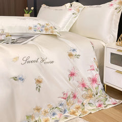 Cyflymder Luxury Bedding Set Flowers Embroidery Summer Ice Silky Duvet Cover Set Fitted Sheet Bed Sheet Pillowcases Comforter Cover Set