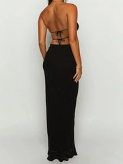 Cyflymder Elegant Two Piece Skirt Sets for Women Stylish Smocked Halter Neck Crop Top with Fit Long Skirt Ensemble in Solid Color