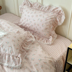 Cyflymder Korean Princess Style Ruffles Flower Print Bedding Set Duvet Cover Set Bed Skirt Bedspread Pillowcases 100% Cotton Home Textile