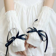 Cyflymder New Sweet Cool Lolita Cute Bowknot Half Fingerless Gloves Ribbon Bow Sleeves Subcultural Fake Sleeves Knitted Hand Sleeves