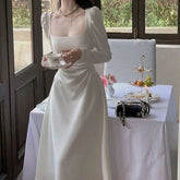 Cyflymder Women Square Neck Puff Long Sleeve Midi Dress Waist Ruched A Line Autumn Elegant Wedding Guest French Style Fashion Long Dresses