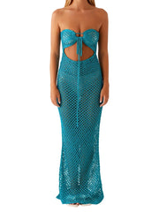 Cyflymder Women s Crochet Dress with Lace-Up Front and Backless Design Solid Color Strapless Tube Dress for Summer Beachwear and Bikini