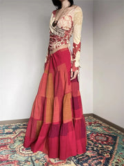 Cyflymder Women's Large Red Grid Splicing Splicing A-line Summer Thin Skirt Young Girl Vintage Female High Waist Loose Ankle-length Skirts