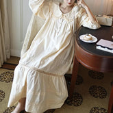 Cyflymder Women 100% Cotton Full Sleeves Nightdress Vintage Apricot Long Ankle-Length Nightgowns Loose Design Embroidery Homewear Nightie