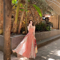 Cyflymder Korean Style Blue Plaid Lace Halter Dress Women Summer 2025 Sweet Beach Vacation Maxi Skirt Long Dress One Shoulder Sleeveless