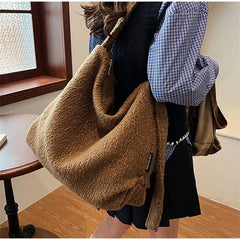 Cyflymder Women Woolen Tote Bag Plush Hobo Bags Large Capacity Soft Texture Handbags Commuter Zipper Shoulder Bag Adjust Shoulder Strap