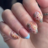 Cyflymder 24Pcs Short Round Head Fake Nails Press on Blue Edge French Design Full Cover Nails Tips Colorful Flower Detachable False Nails