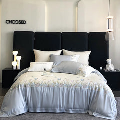 Cyflymder 4Pcs Blue Pink Luxury Butterfly Flowers Embroidery Bedding Set Egyptian Cotton Duvet Cover Bed Sheet/Fitted Sheet Pillowcases