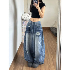 Cyflymder Vintage American High Street Curved Ripped Jeans Women High Waist Loose Wide Leg Flattering Washed Denim Pants New Trendy