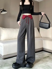 Cyflymder Women Old Money Vintage 2000s Aesthetic Striped Wide Leg Straight Pants Pantalones Long Trousers Korean Baggy Design Office Lady