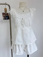 Cyflymder White Lace Trim T-Shirt Shorts Set Women Summer Lace-up Puff Sleeve Blouse+Elastic Waist Short Pants Sweet Simple 2 Piece Sets