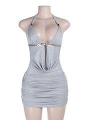 Cyflymder Sexy Shiny Ribbon Halter Mini Dress 2026 New Fashion Women Deep V Hollow Out Sleeveless Backless Slim Bodycon Ruched Dress
