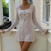 Cyflymder Autumn Women Floral Lace Patchwork U Neck Long Sleeve Bodycon Slim Waist Dress with Side Zipper