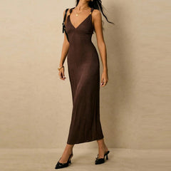 Cyflymder Elegant V-neck High Waist Skinny Dress Women Sexy Backless Sleeveless Long Dress Fashion Draped Hollow Out Slim Gowns Dress
