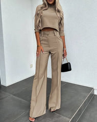 Cyflymder Spring and Autumn New Fashion Small High Neck Fit Women's Set Solid Pocket Micro Horn Pants Set for office lady Outfits