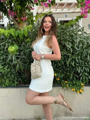 Cyflymder White Summer Short Dress Women's Casual Short Halter Collar Mini Sleeveless Party Dress Femme Retro Autumn Knitted Dress