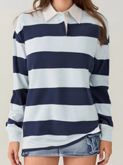 Cyflymder Women T-shirt Long Sleeve Turn-down Collar Ladies Fall Casual Striped Top Streetwear