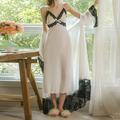 Cyflymder Lace Contrast Satin Nightgown Suit Women's Hollow Back Long Multi-color Suspender Home Wear