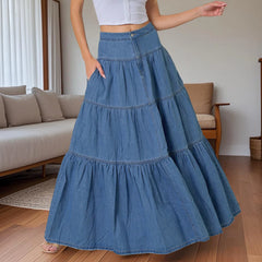 Cyflymder Women's Fashion Denim Long Skirts Stylish Solid Color High Waist A-Line Jean Skirt for Summer Spring