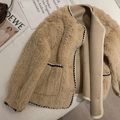 Cyflymder Lamb's Wool Jacket Women Faux Fur Jacket Trends Design Short Tops Autumn Winter New Loose Plush Top Long Sleeve Single-breasted