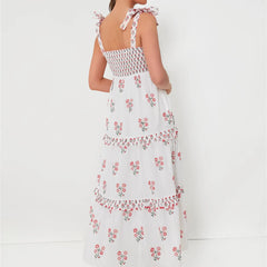 Cyflymder Women Y2k Boho Maxi Dress Sleeveless Tie Shoulder Smocked Flowy Dress Fashion Floral Summer Beach Holiday Sundress