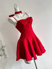 Cyflymder French Elegant Red Sexy Style Dress Women New Year Bow Strap Dresses Fashion Princess Aesthetic Design Sense Party Outfits