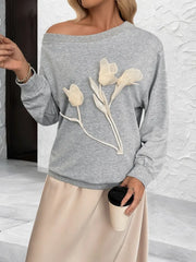 Cyflymder Autumn All Match Casual Solid Loose Appliques Skew Collar Long Sleeve Sweatshirts