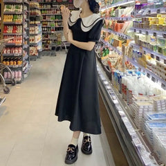 Cyflymder Black Doll Collar Puff Sleeve Long Dress Women's Clothing French Gentle Style Summer New A-Line Fashion Patchwork Aura Dresses