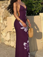 Cyflymder 2026 Women's Sexy Deep V Neck Sheer Floral Print Backless Spaghetti Strap Dress Summer Sleeveless Long Holiday Beach Dress