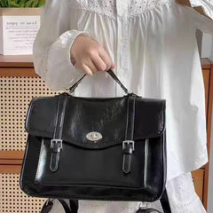 Cyflymder Preppy Flap Messenger Bag For Girls Class Schoolbag Oil Wax Leather Tote Briefcase Crossbody Commute Minimalist Backpack Black