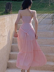Cyflymder Pink Summer Sexy Long Dress Women Fashion High Waist Sleeveless Solid Straps Dress Casual Elegant Party Lady Dresses