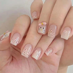 Cyflymder Cute Pink Cat Paw Print Kitten Nail Art Shiny Nude Cat Eye Wearable Fake Nails Detachable Finished False Nails Press on Nails