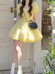Cyflymder Woman Dress Square Collar Puff Short Sleeve Ruffles 2025 Summer Fashion Elegant Mini Dresses Sweet Female Casual