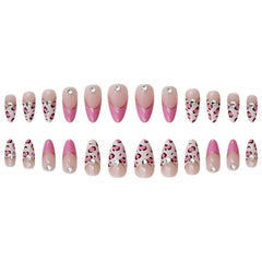 Cyflymder 24pcs Pink Leopard Print Fake Nail Tips y2k Spicy Girls French Almond Press on Nail Wearable Detachable Sweet Korean False Nails