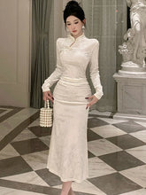 Cyflymder White Jacquard Velvet Long Sleeve Midi Dress Women Luxury Elegant Cheongsam Dress Autumn Winter Korean Bodycon Party Dress