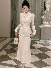 Cyflymder White Jacquard Velvet Long Sleeve Midi Dress Women Luxury Elegant Cheongsam Dress Autumn Winter Korean Bodycon Party Dress