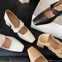 Cyflymder Summer Fashion Hot Sale Square-toe Retro High Heels Women's Shoes Fashion Solid Color Women's Soft Leather High Heels 869