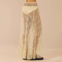 Cyflymder Sexy Lace Skirt Asymmetrical See-Through Floral Mesh High Split Floor Length Long Skirt Women's Beige Y2k Ruffled Maxi Skirt